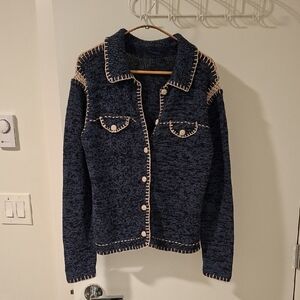 Vintage Blue Polo-neck Cardigan with Cream Crochet & Blanket Stitch (Size S)